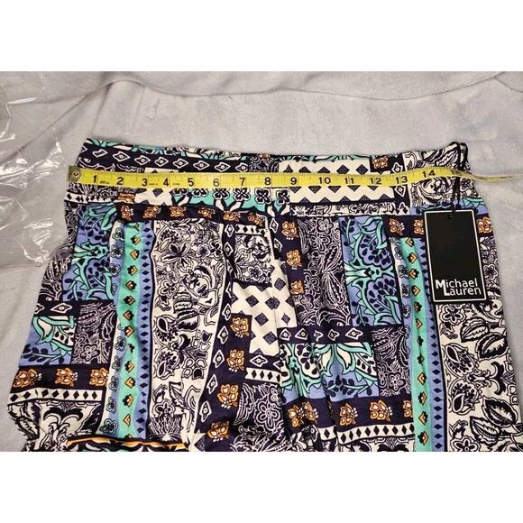 Michael Lauren Pablo Pants S Blue Patchwork Shirred Stretch Rayon Spandex NWT - Picture 5 of 8